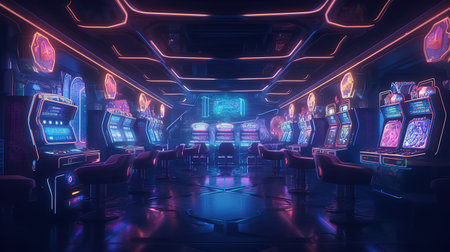 A Lavish Casino Interior with Abundant Slot Machines. Generative AIの素材