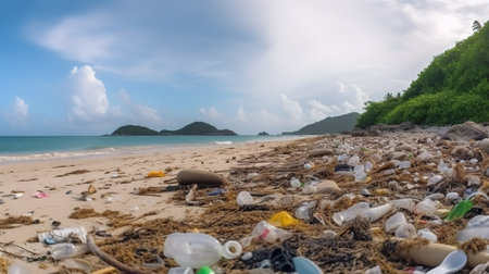 Beach Overwhelmed by Garbage and Plastic Waste. Generative AIの素材