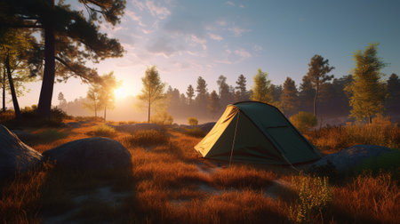 Dawn in the Wild: Camping at Sunrise. Generative AIの素材
