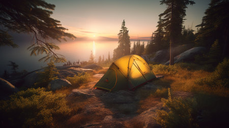 Dawn in the Wild: Camping at Sunrise. Generative AIの素材