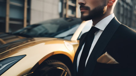 A Close-Up of a Rich Businessman Standing in Front of a Luxurious Supercar. Generative AI.の素材