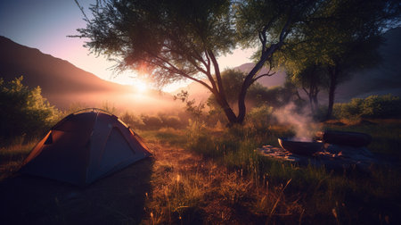 Dawn in the Wild: Camping at Sunrise. Generative AIの素材