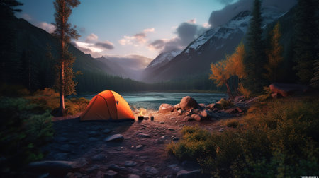 Dawn in the Wild: Camping at Sunrise. Generative AIの素材