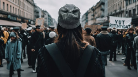 Back view of a women. The crowd gathered to protest. generative aiの素材