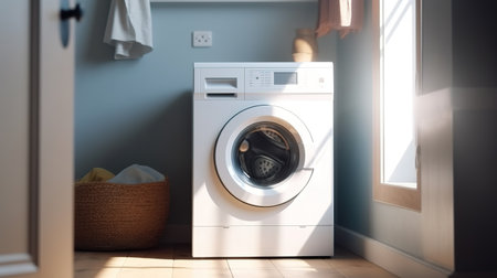 Modern Laundry Room, Stylish Furniture and Advanced Appliances. Generative AIの素材