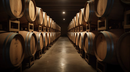 Aging Wine in a Wooden Barrel Room. Generative AIの素材