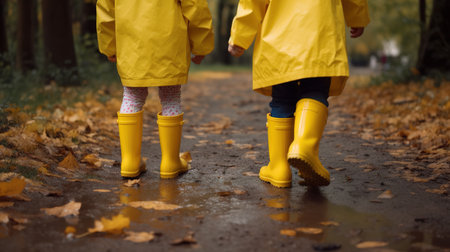 Kids in rubber boots walking in the park. Generative AIの素材