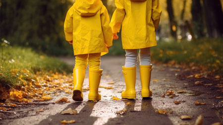 Kids in rubber boots walking in the park. Generative AIの素材