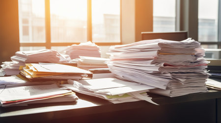 Overwhelmed with Paperwork, Managing a Heavy Workload at the Office. Generative AIの素材