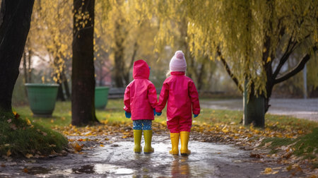 Kids in rubber boots walking in the park. Generative AIの素材