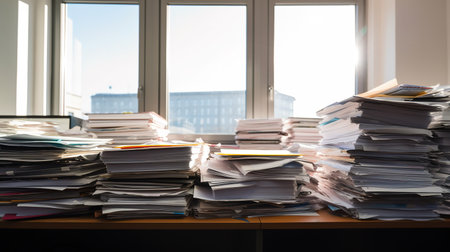 Overwhelmed with Paperwork, Managing a Heavy Workload at the Office. Generative AIの素材