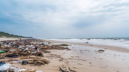 Beach Overwhelmed by Garbage and Plastic Waste. Generative AIの素材