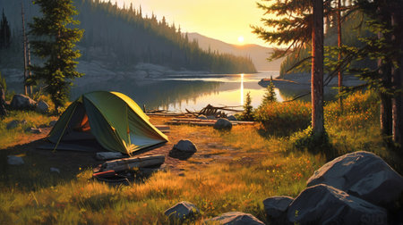 Dawn in the Wild: Camping at Sunrise. Generative AIの素材