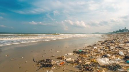 Beach Overwhelmed by Garbage and Plastic Waste. Generative AIの素材
