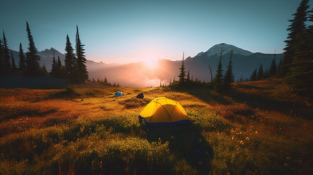 Dawn in the Wild: Camping at Sunrise. Generative AIの素材