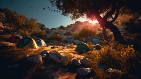 Dawn in the Wild: Camping at Sunrise. Generative AIの素材