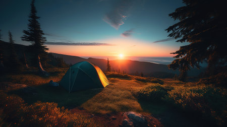 Dawn in the Wild: Camping at Sunrise. Generative AIの素材
