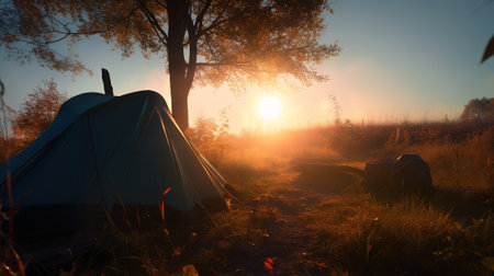 Dawn in the Wild: Camping at Sunrise. Generative AIの素材