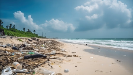 Beach Overwhelmed by Garbage and Plastic Waste. Generative AIの素材