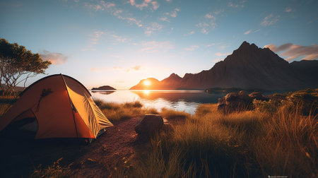 Dawn in the Wild: Camping at Sunrise. Generative AIの素材
