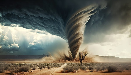 Massive Tornado Ravages Desert Landscape. Generative AIの素材
