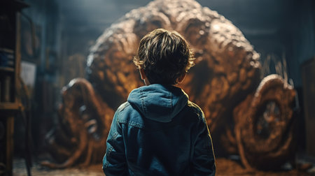 Facing Fears, Brave Kid Confronts Nightmares and Imaginary Monsters. Generative AIの素材