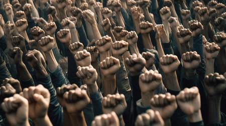 Revolutionary Voices: Protesting Crowd with Raised Fists on City Street. Generative AIの素材