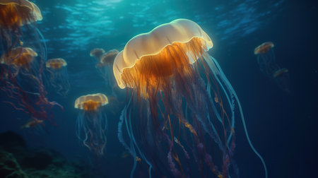 Mystical Oceanic Glow, Enchanting Jellyfish in Underwater World. Generative AIの素材