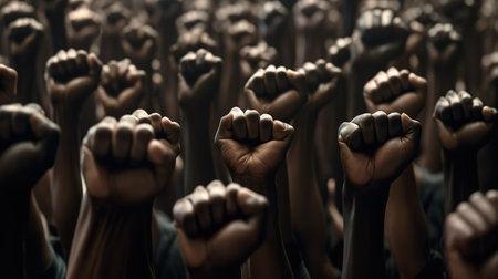Revolutionary Voices: Protesting Crowd with Raised Fists on City Street. Generative AIの素材