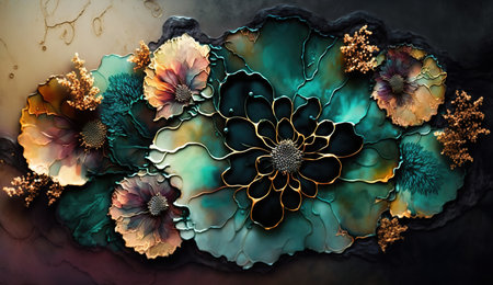Abstract fluid ink flower. Generative AI.の素材
