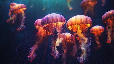 Mystical Oceanic Glow, Enchanting Jellyfish in Underwater World. Generative AIの素材