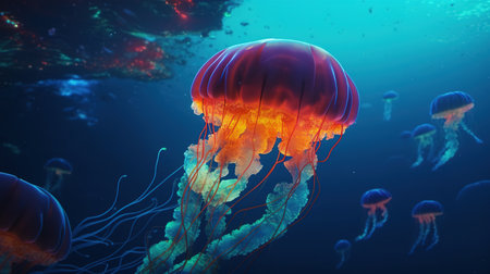 Mystical Oceanic Glow, Enchanting Jellyfish in Underwater World. Generative AIの素材