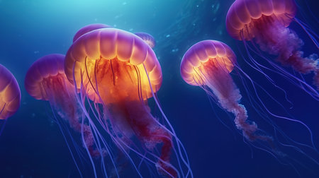 Mystical Oceanic Glow, Enchanting Jellyfish in Underwater World. Generative AIの素材