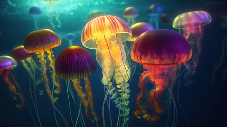 Mystical Oceanic Glow, Enchanting Jellyfish in Underwater World. Generative AIの素材