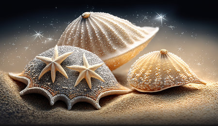 Shells on sandy beach. Generative AIの素材