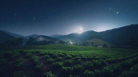 A Breathtaking View of Moonlit Tea Fields Against the Majestic Backdrop of the Starry Night Sky. Generative AIの素材
