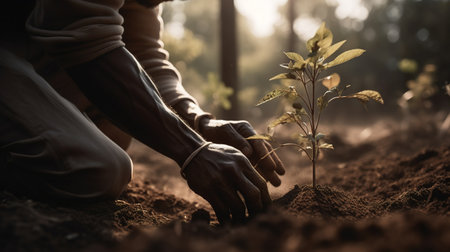 Person Planting Trees in a Community Garden to Promote Local Food Production and Habitat Restoration. Generative AIの素材