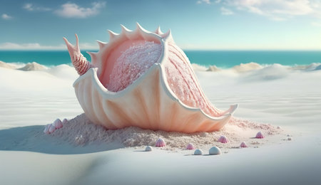 Shells on sandy beach. Generative AIの素材