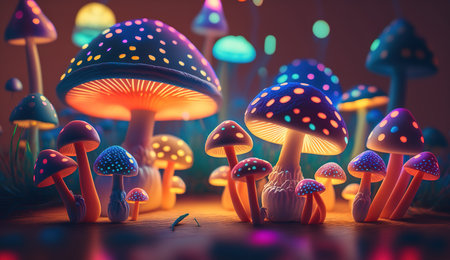Luminous Colorful Mushrooms in a Psychedelic Space Fantasy. Generative AIの素材