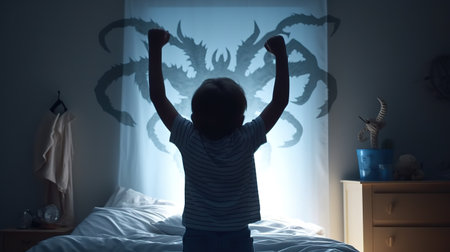 Facing Fears, Brave Kid Confronts Nightmares and Imaginary Monsters. Generative AIの素材