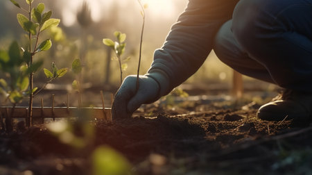 Person Planting Trees in a Community Garden to Promote Local Food Production and Habitat Restoration. Generative AIの素材