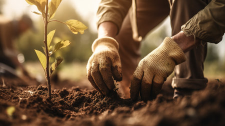 Person Planting Trees in a Community Garden to Promote Local Food Production and Habitat Restoration. Generative AIの素材