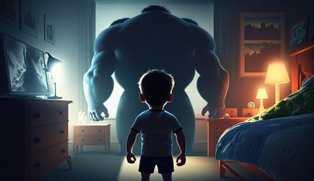 Facing Fears, Brave Kid Confronts Nightmares and Imaginary Monsters. Generative AIの素材