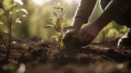 Person Planting Trees in a Community Garden to Promote Local Food Production and Habitat Restoration. Generative AIの素材