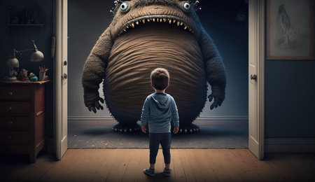 Facing Fears, Brave Kid Confronts Nightmares and Imaginary Monsters. Generative AIの素材