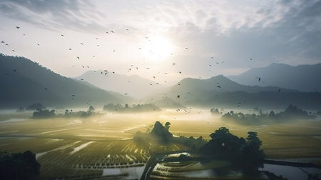 Majestic Mountains and Misty Paddy Fields. Generative AIの素材