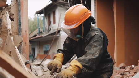 Clearing Rubble After Disaster. Generative AIの素材