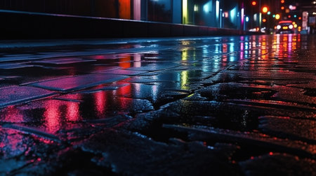 Urban Reflections of Neon Lights on Wet Asphalt Texture. Generative AIの素材