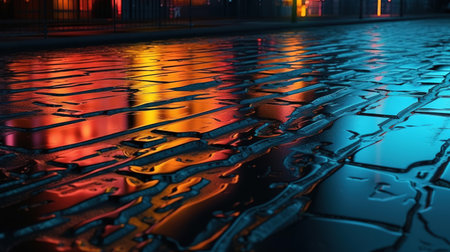 Urban Reflections of Neon Lights on Wet Asphalt Texture. Generative AIの素材