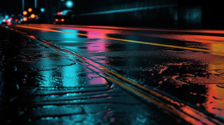 Urban Reflections of Neon Lights on Wet Asphalt Texture. Generative AIの素材